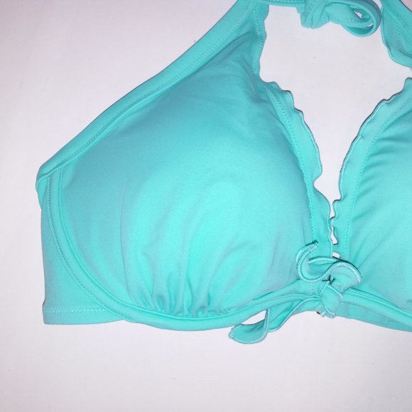 Victoria Secret Swim Bikini Top 40C Aqua Seafoam Glow Ruffle Trim Halter Removab - Picture 3 of 6